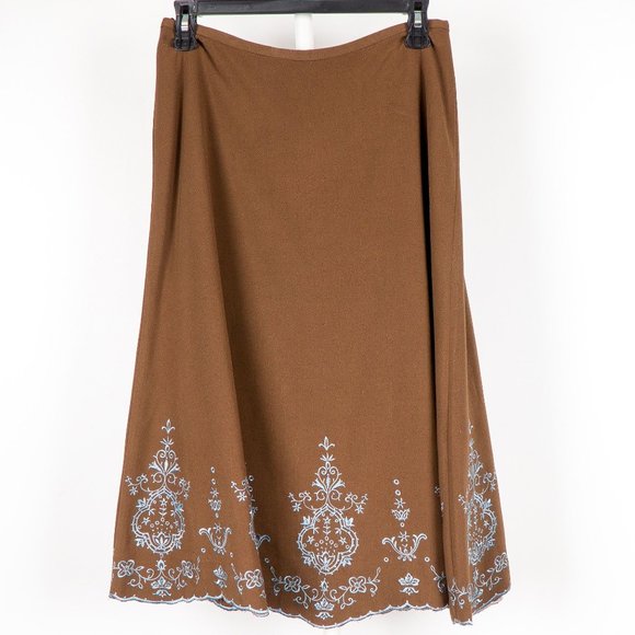 SilkLand Dresses & Skirts - Silkland Womens Skirt 4 Modest Brown Blue Embroidered Flare Lined Midi